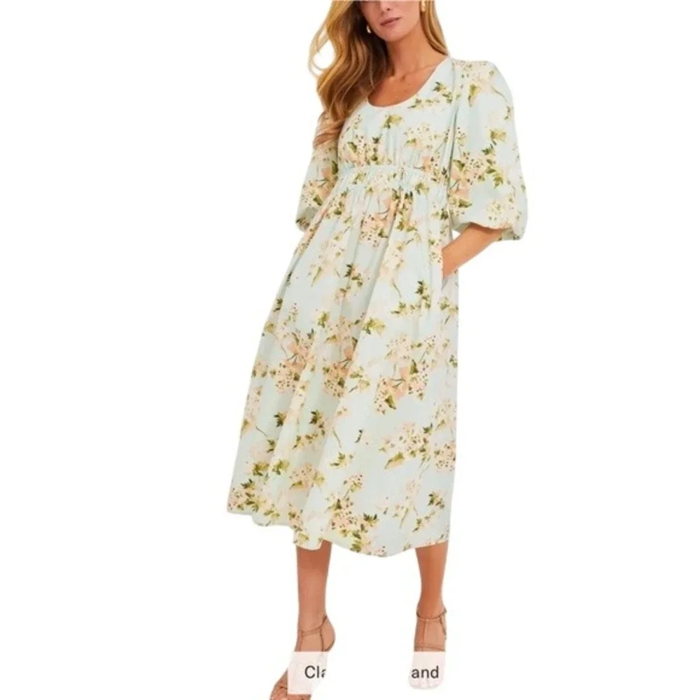 Tuckernuck‎ Marlena Floral Midi Dress Puff Sleeve Women's Medium Wedding Guest